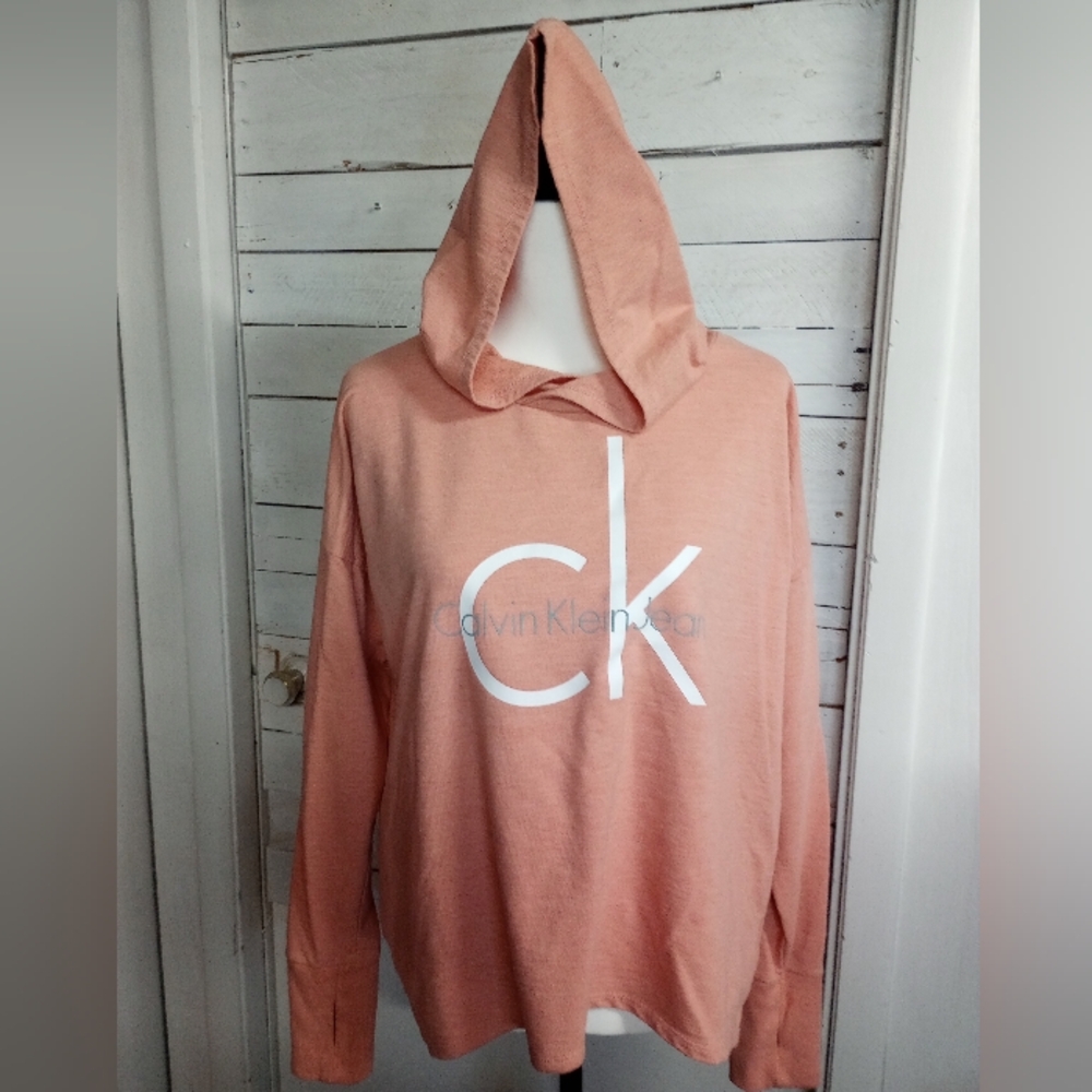 Calvin Klein Large Peach Coral Pullover Crop Sweatshirt Hoodie Thumb Holes *